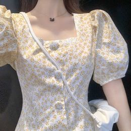 Summer French Vintage Dres Casual Chiffon Puff Sleeve Kawaii Mini Female Button Designer Beach Party 210604