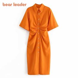 Bear líder mulheres elegante camisa camisa vestido verão casual vestido sólido vintage manga curta lado zíper feminino plissado vestidos 210708