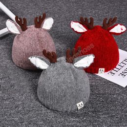 Christmas Baby Hat With Ear Cartoon Elk Autumn Winter Kids Children Beanie Cap Solid Colour Crochet Girl Boy Bonnet Hats