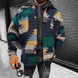 Fashion Printed Buttoned Jackets Men Casual Loose Turn-down Collar Coats Vintage Pattern Outerwear Fall Mens Streetwear 211217