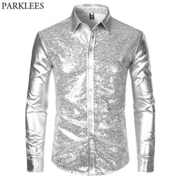 Silver Metallic Sequins Glitter Shirt Men 70's Halloween Costume Chemise Homme Stage Performance Male 210721