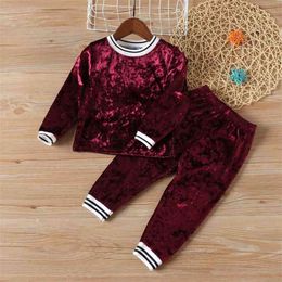 Girls Clothes Spring Toddler Girl Long Sleeve Gold Velvet Sports Solid Top + Pants 2Pcs Suits Baby Kids 210528