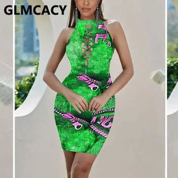 Women Sleeveless Printed Bandage Boddycon Mini Dress 210702