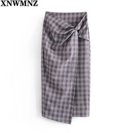 women checked skirt with knot High-waist midi Decorative Front hem vent Invisible zip chic s 210520