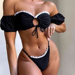 Sexy Strapless Ruched Swimsuit Bandeau Bikini Black Hollow Lace-up Micro Thong Summer Casual Beach Wear for Women Party 210604