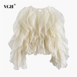 VGH Elegant Patchwork Ruffle Chiffon Blouses Women O Neck Lantern Long Sleeve Loose Shirt Female Clothes Fashion Summer New 210323