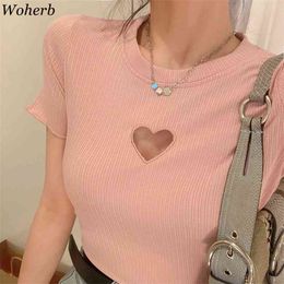 Women T Shirt Sexy Lady Chic Love Heart Hollow Out Tees O Neck Slim Bottoming Summer Short Sleeve Simple Basic Tops 210519