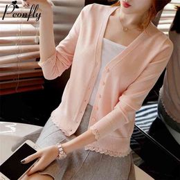 PEONFLY Elegant Ruffle Knitted Cardigan Women Coat Solid Spring Fashion V Neck Long Sleeve Sweater Coat Tops Femme Red Pink 210806