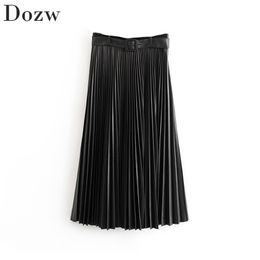 Faux Leather Fashion Pleated Skirt Sashes Decorate Black Colour Women Mid Calf Length Loose Bottoms Female Falda Mujer 210515