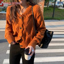 Aelegantmis Vintage V Neck Cardigan Women Cozy Hollow Out Knitted Sweater Casual Korean Single Breasted Loose Jumpers Coats Chic 210607