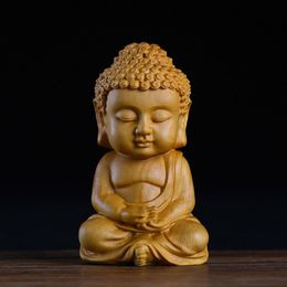Buddha Statue Wood Sakyamuni Boxwood Wooden Crafts Car Home Figurines Decor Little Meditation Monk Miniature Craft Tea Pet GY12 210329