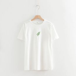 White Yellow Leaf Leaves Embroidery Short Sleeve O Neck Tees Tops T Shirt Casual Women Female B0121 210514