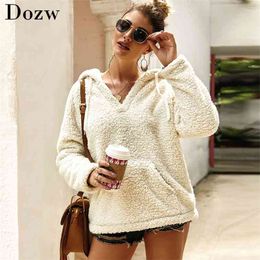 Fleece Hooded Sweatshirt Women Autumn V Neck Long Sleeve Casual Hoodies Solid Loose Teddy Pullover With Pockets Sudaderas 210515