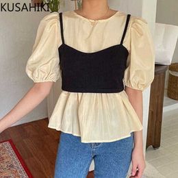 Korean Chic Women 2pieces Sets Perspective Puff Sleeve Blouse Shirt + Solid Knitted Sling Vest Summer Suits 6G855 210603