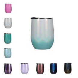 10 Colours 12oz Glitter Wine Tumbler with Lids Straws Stainless Steel Rainbow Egg Shaped Mugs Double Layer Vacuum Mug 2021 Latest