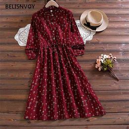 Elegant Floral Printed Cotton Dresses Female Casual Long Sleeve Ruffled Women A-line Vintage Pleated Midi Vestidos 210520