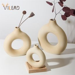 VILEAD Nordic Circular Hollow Ceramic Vase Donuts Flower Pot Home Decoration Accessories Office Desk Living Room Interior Decor 211103