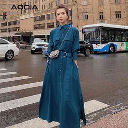 Summer Casual Women Shirt Dress Button Up Turn Down Collar Long Sleeve Maxi Dresses Plus Size Sashes Loose Office Robe 210521