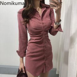 Nomikuma Vintage Dress Women Solid Colour Single Breasted Long Sleeve Dresses Female Turn Down Collar Casual Retro Vestidos Mujer 210514