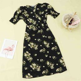 women Vintage V Neck midi Wrap dress France Colourful Floral Print sexy Chiffon Fashion sashes short sleeve vestido 210520