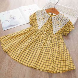 Kids Princess Dress for Girl Short Sleeve Plaid Party Casual Toddler Baby Clothes 2Y-8Y Lace 210429