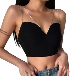 Women Camis Sexy Slim Bustiers Corsets Crop Tops Diamond Chain Straps Party Clubwear Bodice Tank Top