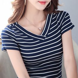 Fashion Short Sleeve Summer T Shirt Women V-neck Blue Striped Knitted T-shirt Camiseta Mujer Women Clothes Tops Tshirt C840 210426