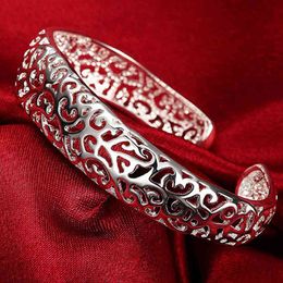 Women 925 Sterling Silver Hollow Carved Bangles Cuff Bracelet Female Wedding Party Luxury Fashion Jewelry 2022 Christmas Gift