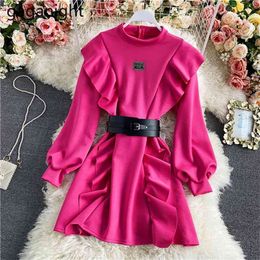 A Line Ruffles Women Solid Bodycon Dress Long Sleeve O Neck Belt Chic Office Lady Bottom Vestidos Fashion Girl Dresses 210601