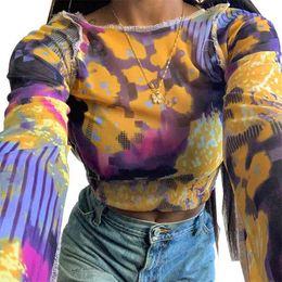 Kayotuas Women T-Shirt Fashion Spring Multi-Color See-Through Long Sleeve Top Stylish Sexy Ladies Casual Skinny Streetwear 210522