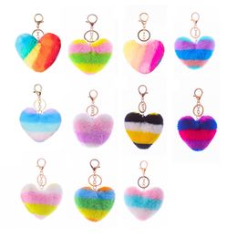 Heart Shaped Plush Keychains Pendant Creative Rainbow Stitching Imitation Rabbit Fur Keychain Luggage Decoration Keyring Key Chain