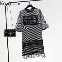Korobov New Striped Letter Print Women Dress Korean O Neck Short Sleeve Female Dresses Streetwear Tassel Vestidos 2a571 210430