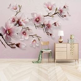 Custom Any Size Murals Modern 3D Embossed Flowers Pink Lily Painting Living Room TV Sofa Bedroom