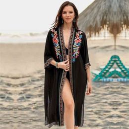 Black Indie Folk Embroidered Plus Size Summer Beach Wear Kimono Cardigan Women Cotton Tops and Blouse Shirts Sarongs N940 210323
