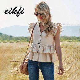 Women's Blouses & Shirts EIKFI Women Front Buttons Layered Ruffle Hem Tops Summer Ladies Armhole V Neck Solid Colour Casual Shirt And Blouse