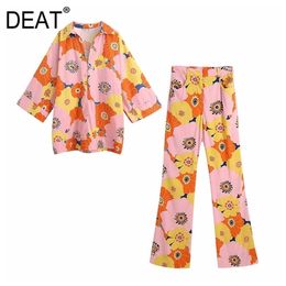 [DEAT] Summer Fashion Single-breasted Turn-down Collar Shirt Printing Wide Leg Pants Elegant Two-piece Suit 13Q130 210527