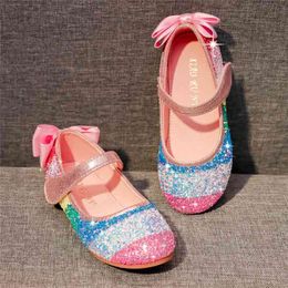 Autumn Kids Girls Shoes Rainbow Sequins Bow Princess Dance Shoes For Big Girls Flat Heels Children Shoe Footwear 210713