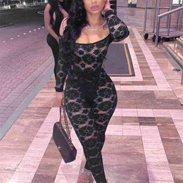Fashion Streetwear Outfits Lace Two Piece Sets One Shoulder Full Sleeve Skinny Bodysuit Tops + Long Pants See-through Lady Suits 210517