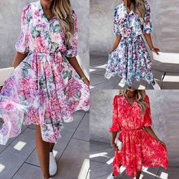 Fashion Women Floral Print Elegant Chiffon Dress Spring V Neck Button Office Lady Party Dress Summer Half Sleeve Irregular Dress X0629