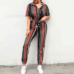 Women Casual Striped Jumpsuit Outfit V Neck Short Sleeve Top & Lace Up Pencil Pant Overalls Office Lady Streetwear 210521