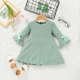 Baby Girls Ruffle Plain Rib Dress Fall 2021 Kids Boutique Clothing Korean 0-2T Children Infant Toddlers Long Sleeves Cotton Dresses