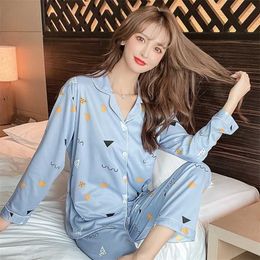 Spring Summer Cotton 2 Piece Pyjamas Set Women Printed Colourful Sleepwear Long Sleeve Pyjamas Female Sleep Homewear 211112