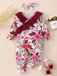 Baby Floral Print Ruffle Trim Flounce Sleeve Jumpsuit With Headband SHE