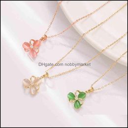 Pendant Necklaces & Pendants Jewelry Korean Cats Eye Stone Lucky Clover Necklace Womens Fashion Minority Design Feeling Plated 14K True Gold