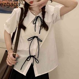 Ezgaga Sweet Lace Up Women Blouse Korean Chi Summer Short Sleeve Peter Pan Collar Loose Girl All-Match Fashion Shirts Casual 210430