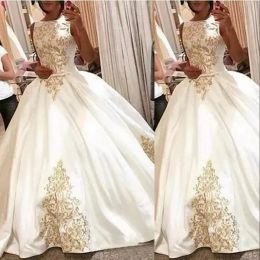 White Ball Gown Wedding Dresses Bridal Sleeveless Satin Gold Lace Applique Jewel Neck Floor Length Custom Made vestido de novia 2022