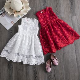 Red Kids Dresses For Girls Flower Lace Tulle Dress Wedding Little Girl Ceremony Party Birthday Dress Children Summer Clothing Q0716