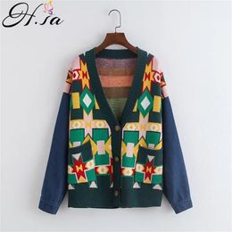 Women Sweater and Cardigans V neck Single Breasted Patchwork Jeans Pacthwork Oversized Knit Winter Coat 210430
