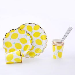 Disposable Dinnerware Summer Fresh Yellow Lemon Strawberry Fruit Theme Hawaii Party Decors Hanging Banners For Baby Shower Happy Birthday Fa