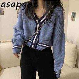 Korean Chic Autumn Loose Short V Neck Lazy Long Sleeve Striped Sweater Women Coat Clothes Thick Warm Crop Cardigan Casual Retro 210806